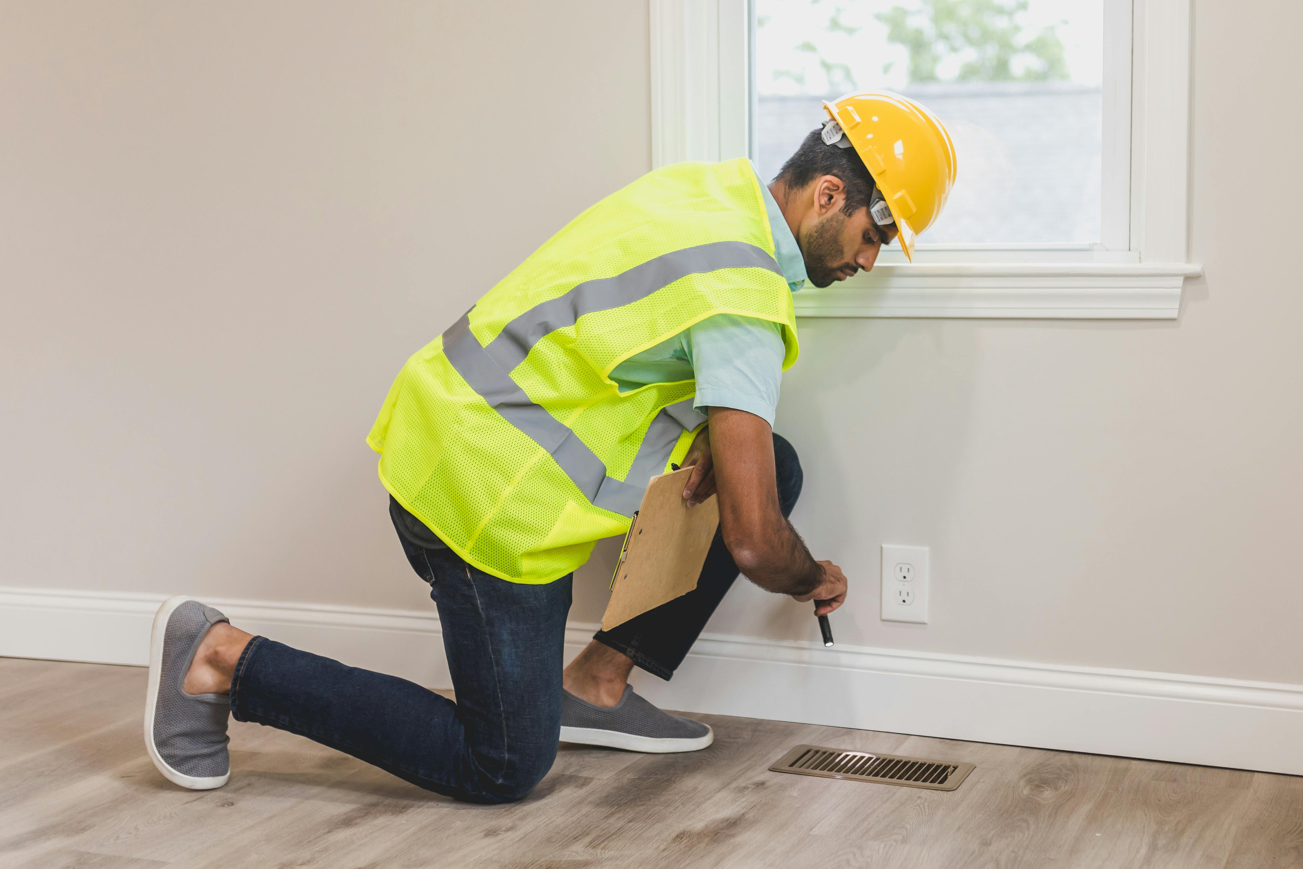 Technician checking airflow through a floor vent